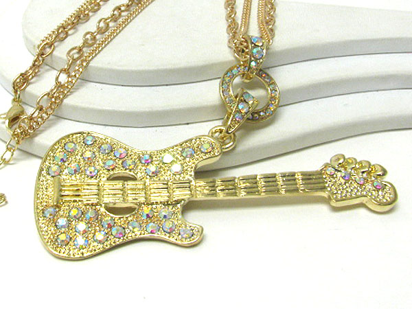 Oversize crystal stud rock guitar pendant long necklace