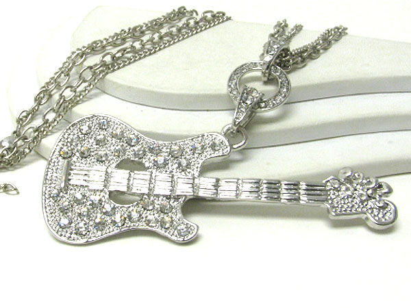 Oversize crystal stud rock guitar pendant long necklace