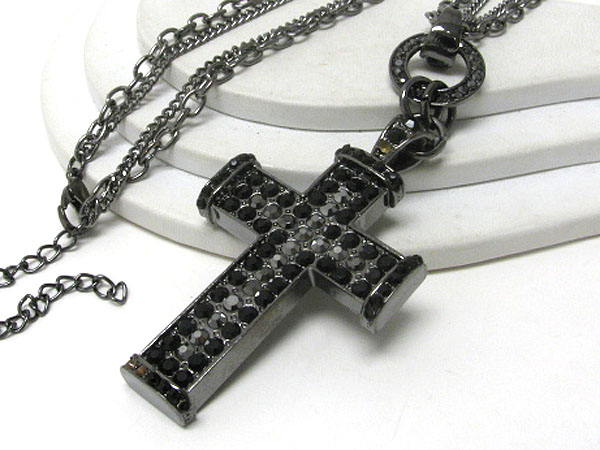 Oversize crystal stud cross pendant long necklace