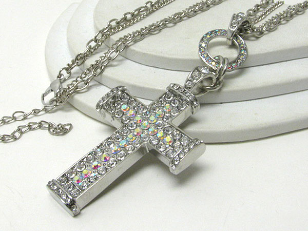 Oversize crystal stud cross pendant long necklace