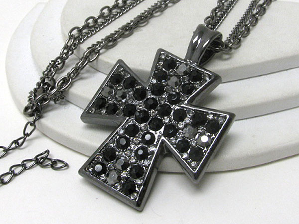 Oversize crystal stud cross pendant long necklace