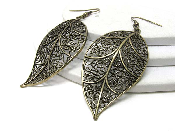 Metal filigree large leaf earrings