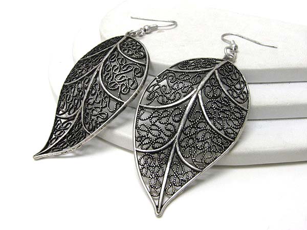 Metal filigree large leaf earrings