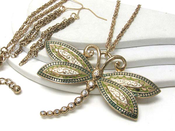 Crystal deco and painted dragonfly necklace earring set