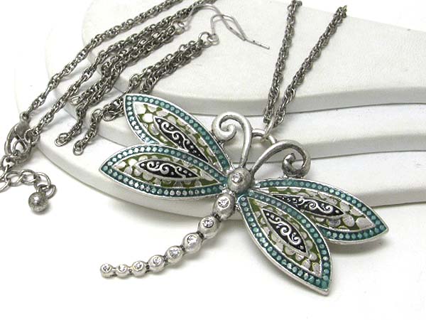 Crystal deco and painted dragonfly necklace earring set