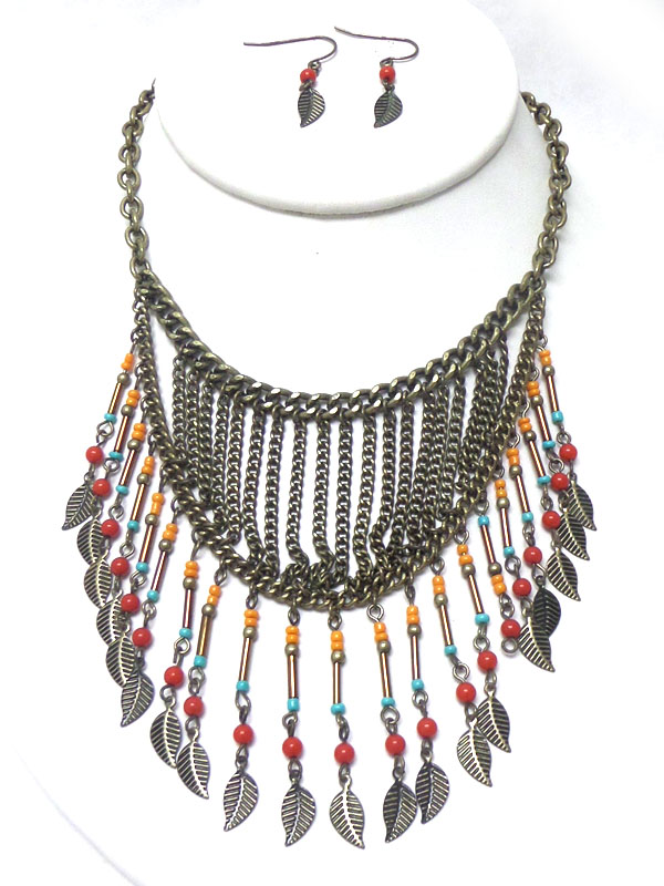Frindge leaf drop necklace set 
