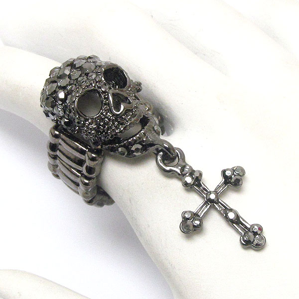 Crystal skull skeleton and cross drop stretch ring - halloween