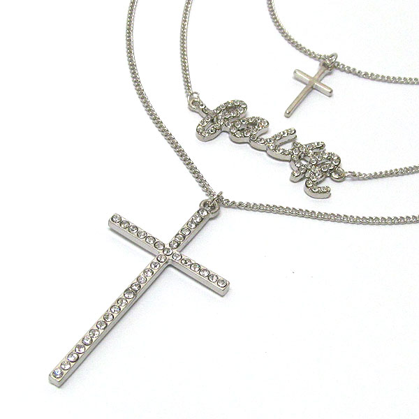 Faith theme crystal cross triple chain long necklace