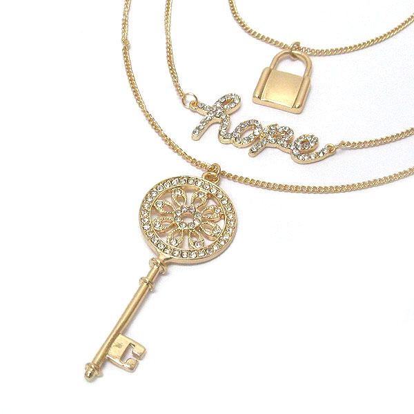 Hope theme crystal key and lock triple chain long necklace