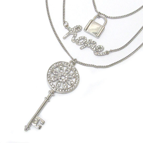 Hope theme crystal key and lock triple chain long necklace