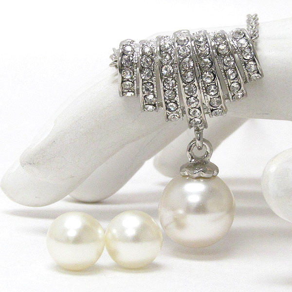 Crystal deco bar and pearl drop pendant necklace earring set