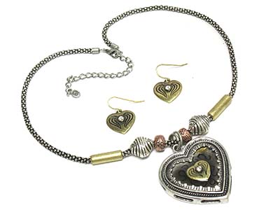 Crystal paved antique style heart pendant metal necklace and earring set