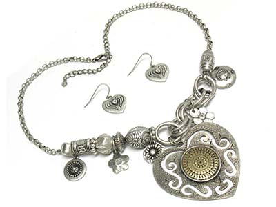 Metal casting large heart disk pendant and multi charms necklace and earring set