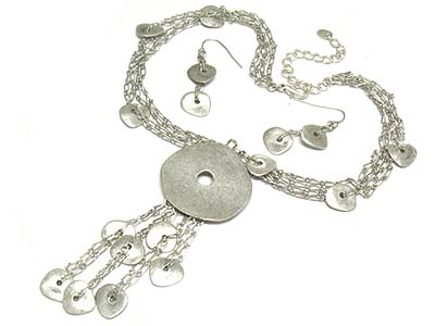 Metal round disk and multi dangles necklace and earring set 