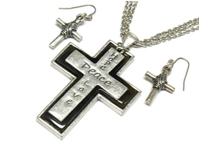 Enamel cover metal cross and message pendant necklace and earring set 