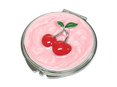 Enamel cherry top round compact mirror