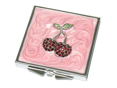 Crystal cherry top round compact mirror