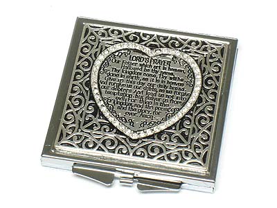 Metal filigree and crystal heart prayer message compact mirror