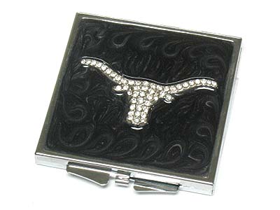 Crystal bull head top square compact mirror - two side mirror 