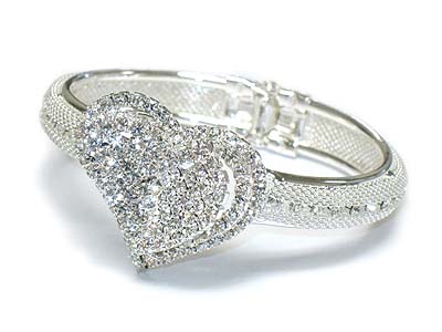 Three layered crystal heart and meshed bangle bracelet