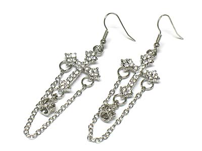 Crystal cross and dangling 3d crown and chain drop earring