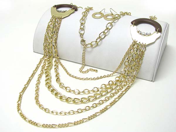 Multi row mixed metal long chain necklace earirng set