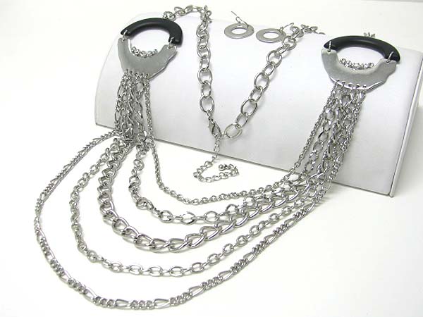 Multi row mixed metal long chain necklace earirng set