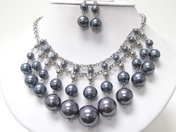 Gradual multi row triple pearl ball dangle necklace erring set