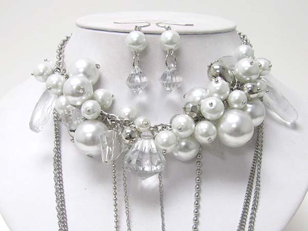 Pearl ball and chunky glass beads and tassel drop necklace earring set