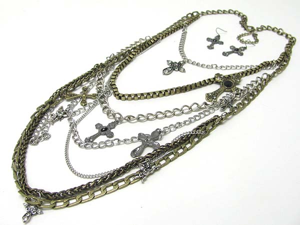 Multi filigree cross dangle multi row metal cahin long necklace earring set