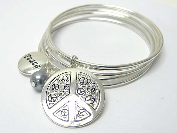 Peace theme charm dangle multi row metal bangle