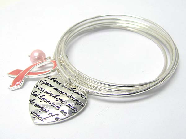 Pink ribbon theme charm dangle multi row metal bangle - breast cancer awareness