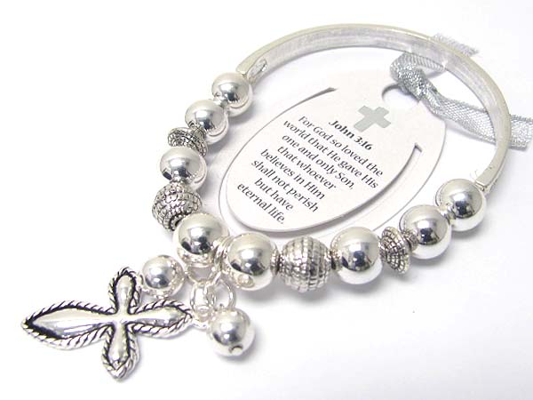 Cross theme charm dangle metal ball stretch bracelet