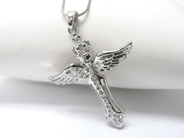 Made in korea whitegold plating crystal stud crown cross pendant necklace