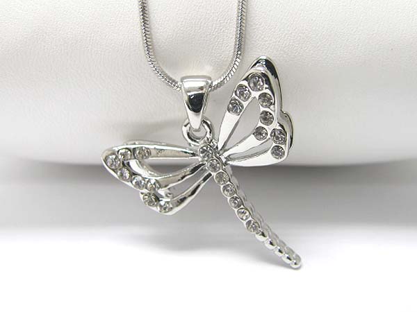 Made in korea whitegold plating crystal stud dragonfly pendant necklace