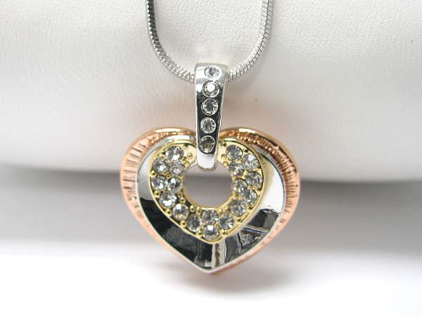 Made in korea whitegold plating crystal stud tri tone heart pendant necklace