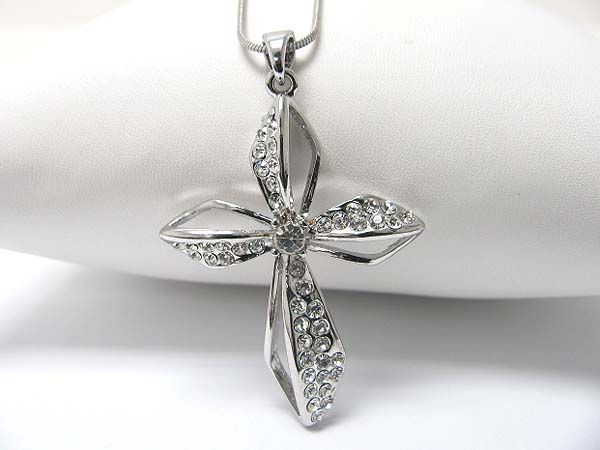 Made in korea whitegold plating crystal stud cross pendant necklace