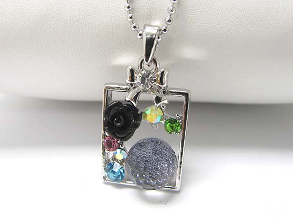 Made in korea whitegold plating crystal and acryl flower setting rectangle frame pendant necklace