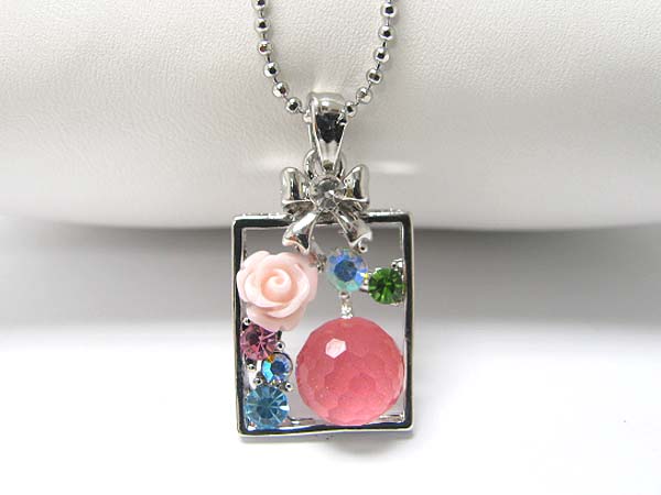 Made in korea whitegold plating crystal and acryl flower setting rectangle frame pendant necklace