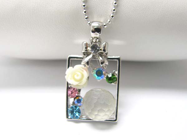 Made in korea whitegold plating crystal and acryl flower setting rectangle frame pendant necklace