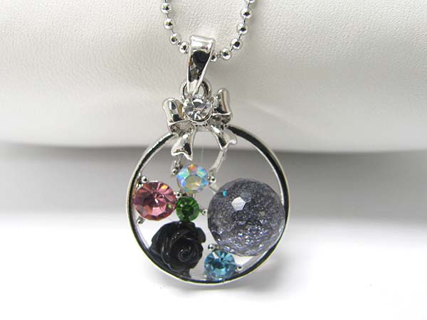 Made in korea whitegold plating crystal and acryl flower setting round frame pendant necklace