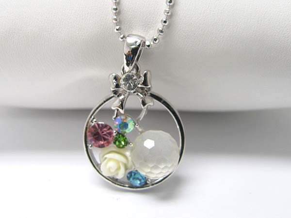 Made in korea whitegold plating crystal and acryl flower setting round frame pendant necklace