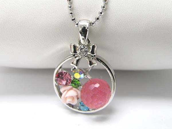 Made in korea whitegold plating crystal and acryl flower setting round frame pendant necklace