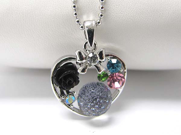 Made in korea whitegold plating crystal and acryl flower setting heart frame pendant necklace