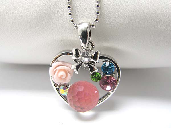 Made in korea whitegold plating crystal and acryl flower setting heart frame pendant necklace