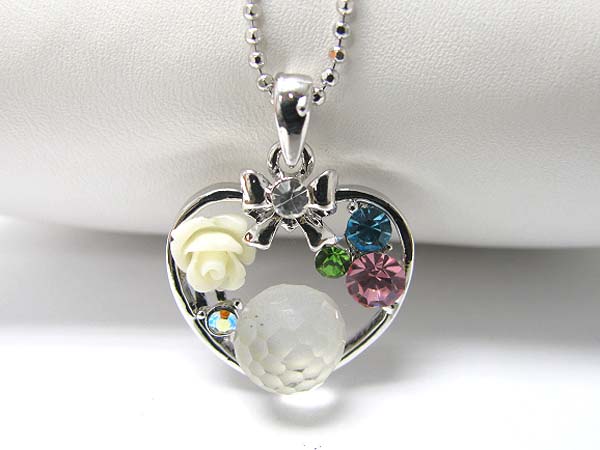 Made in korea whitegold plating crystal and acryl flower setting heart frame pendant necklace