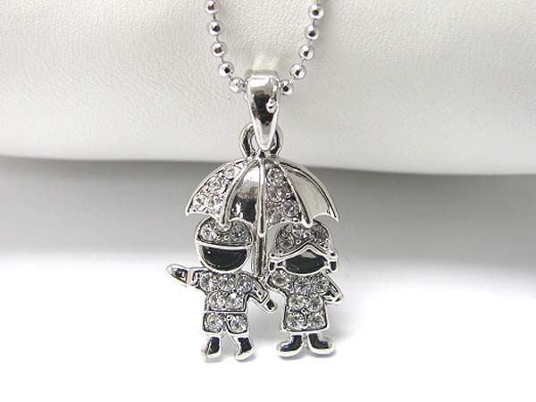 Made in korea whitegold plating crystal stud boy and girl in umbrella pendant necklace