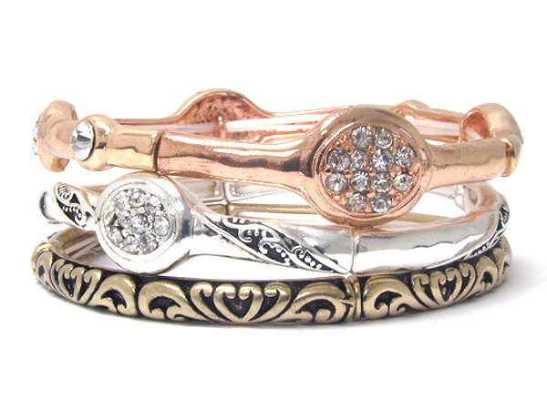 Crystal deco and metal filigree three stretch bracelet set