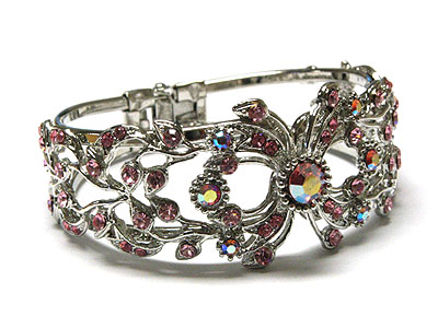 Crystal flower decorated hinge style metal bangle