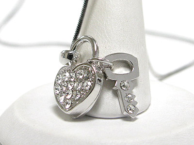 Made in korea whitegold plating crystal heart lock and key necklace